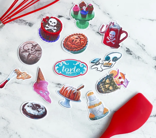 graphic illustration stickers of bakeshop items with skulls on them