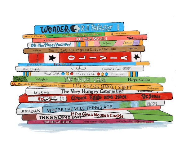 art print of a stack of books