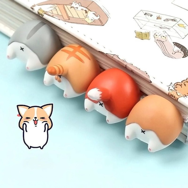 four animal butt bookmarks. a few are cat butts, and a few are corgi butts