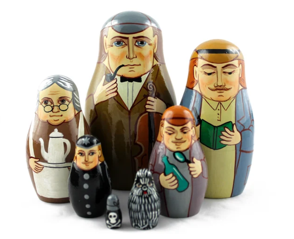 a set of nesting dolls of Sherlock Holmes and characters