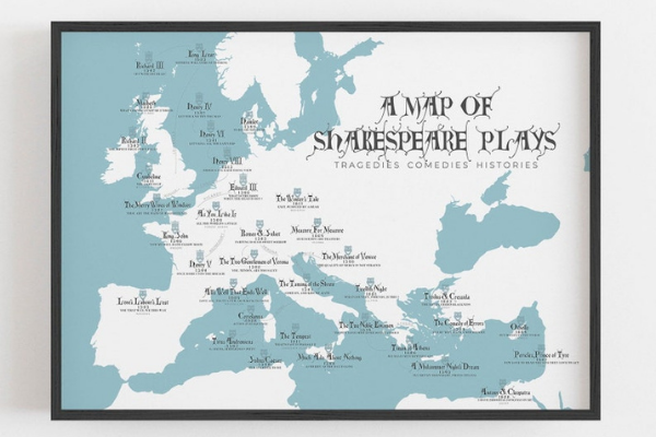 print of a map of where Shakespeare's plays took place
