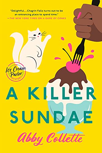 cover of A Killer Sundae by Abby Collette, illustration of a white cat and a Black person's hand with pink nails stabbing a fork into a cherry on top of a sundae