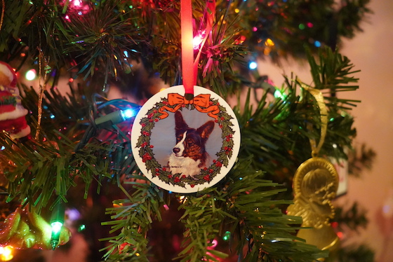 A corgi Christmas ornament hanging in a tree