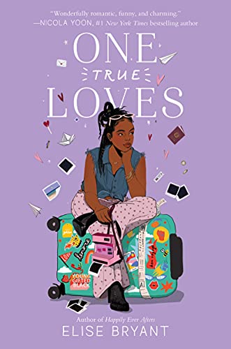 cover of One True Loves by Elise Bryant, purple with illustration of a young Black woman sitting atop a suitcase covered in stickers
