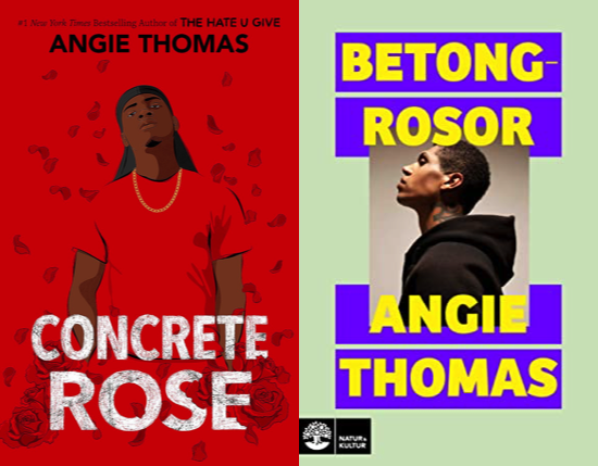The American and Swedish editions of Concrete Rose by Angie Thomas side by side. 