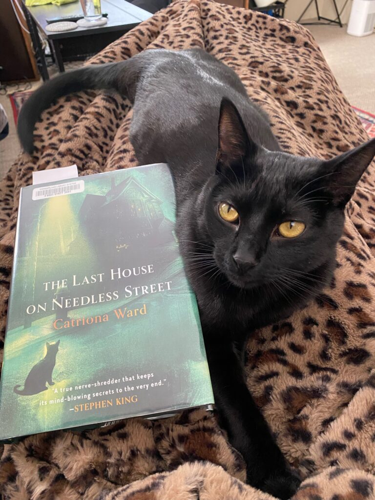 black cat sitting on a person's lap next to a copy of The Last House on Needless Street by Catriona Ward.