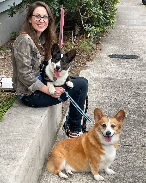 A photo of Dylan, a red and white pembroke welsh corgi, and Gwen, a black and white cardigan Welsh corgi, sitting with their Mahm, a white woman with brunette hair. They are all smiling at the camera.