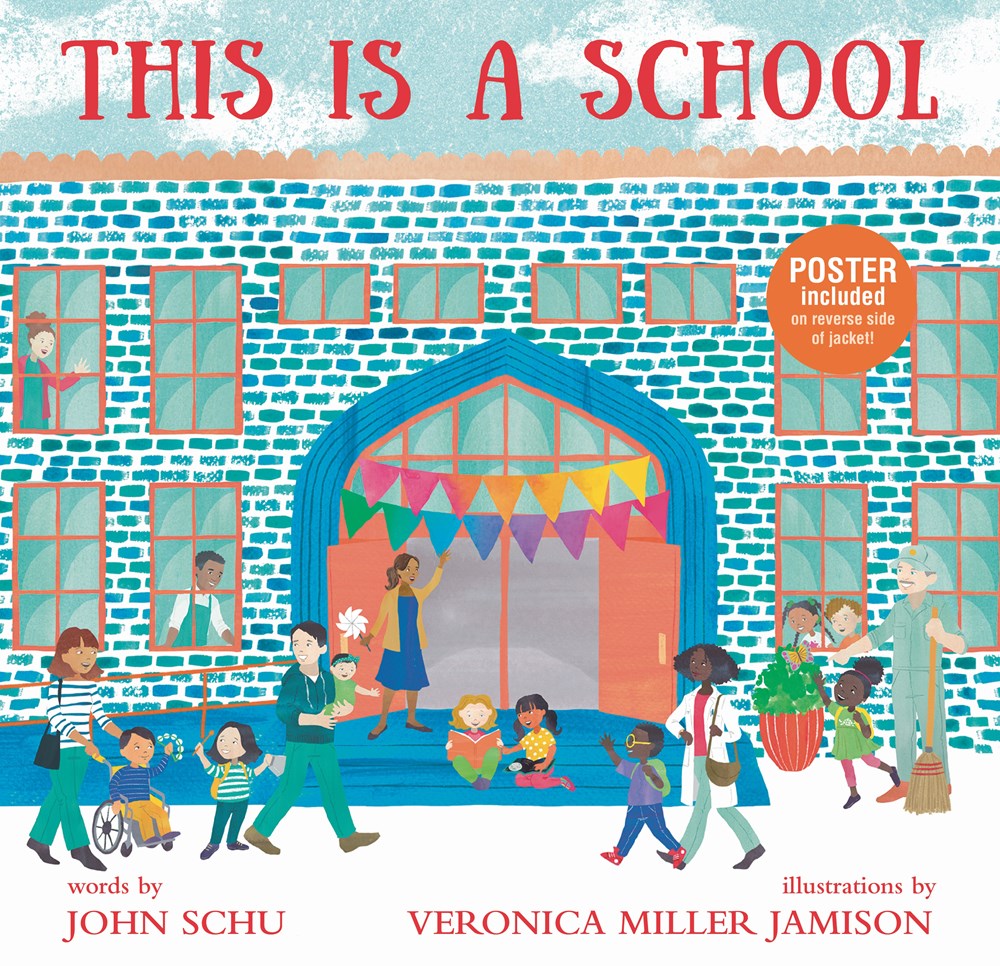 book cover of This is a School showing families of all ethnicities in front of a brick building