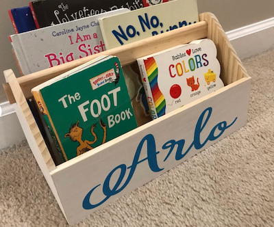 a personalized book caddy with books