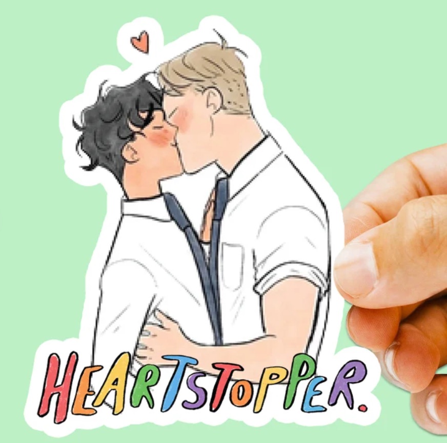 heartstopper themed sticker with nick and charlie kissing. 