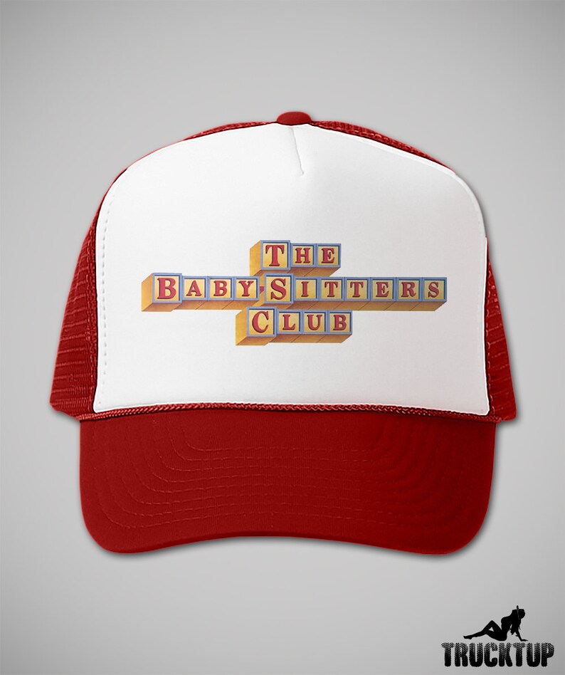 A trucker hat in red with "The Babysitters Club" logo.