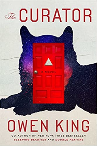 the cover of The Curator; a galaxy silhouette of a cat with a red door in front of it