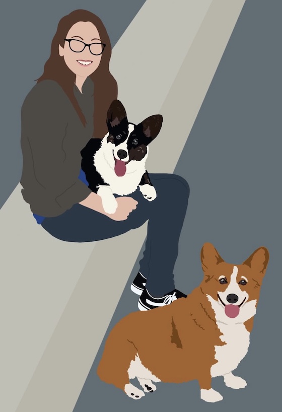 An illustration of Kendra, a white woman with brunette hair, Dylan, red and white Pembroke Welsh Corgi, and Gwen, a black and white Cardigan Welsh Corgi