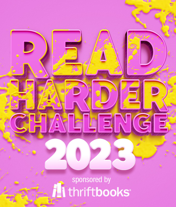 the Read Harder Challenge 2023 logo has bright pink san serif lettering with yellow paint splashing across them
