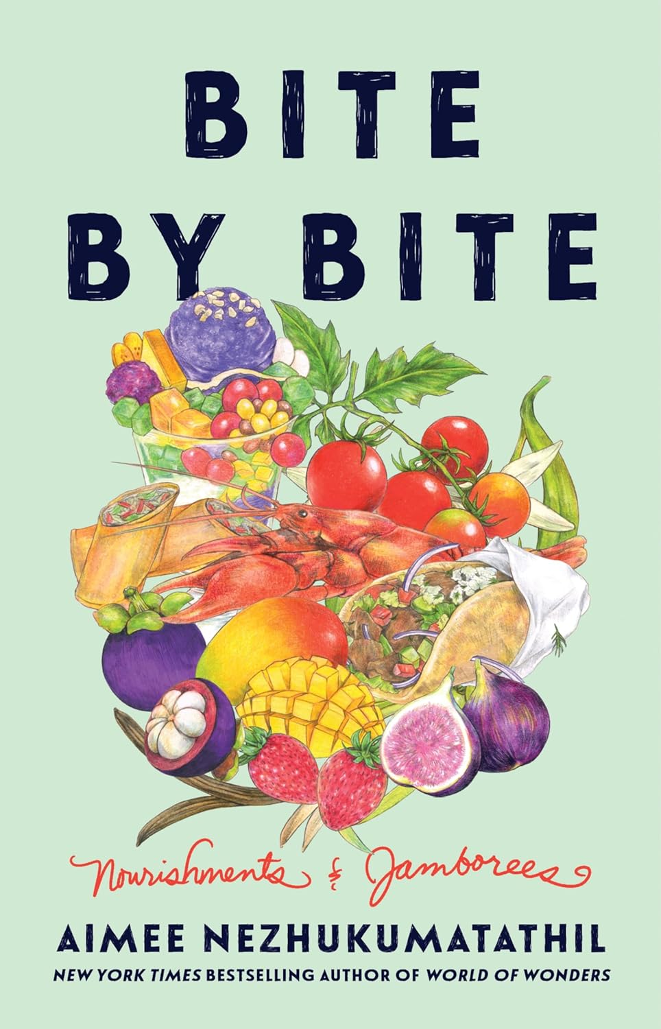 a graphic of the cover of Bite by Bite: Nourishments and Jamborees by Aimee Nezhukumatathil